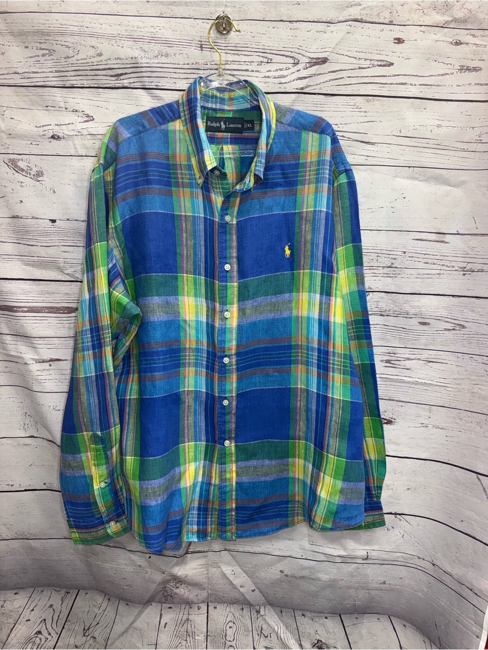 Ralph Lauren Linen Blue & Green Plaid Button-Down Shirt Size XL